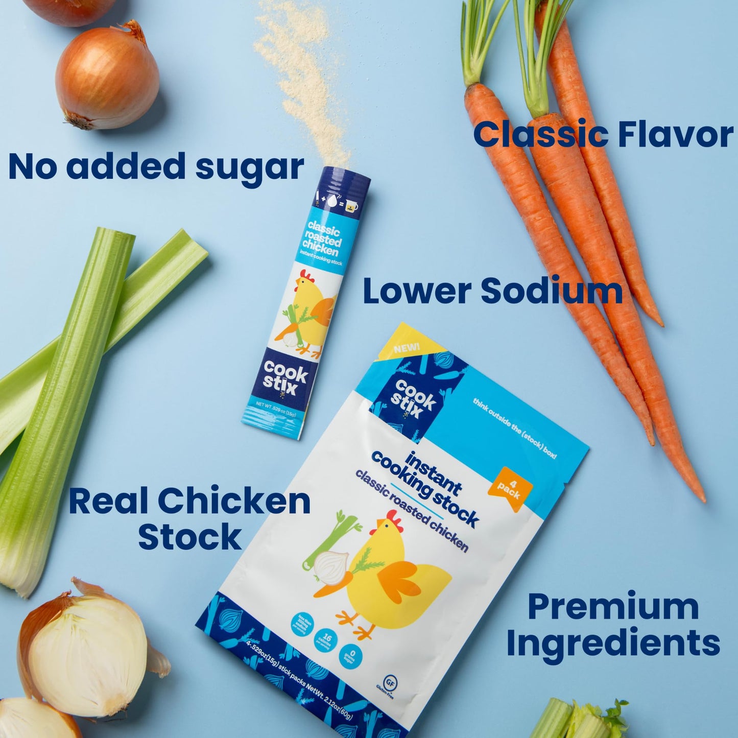 Cookstix Classic Instant Chicken Stock Sticks – Clean-Label, No Sugar Added, Lower Sodium – 4 Pack