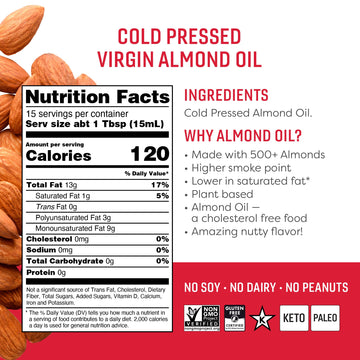 Octonuts Cold Pressed Almond Oil, 8 Ounce, Made With California Almonds, Plant-Based, Keto, Paleo Friendly, Vegan, Gluten Free (Almond, 1- Pack)