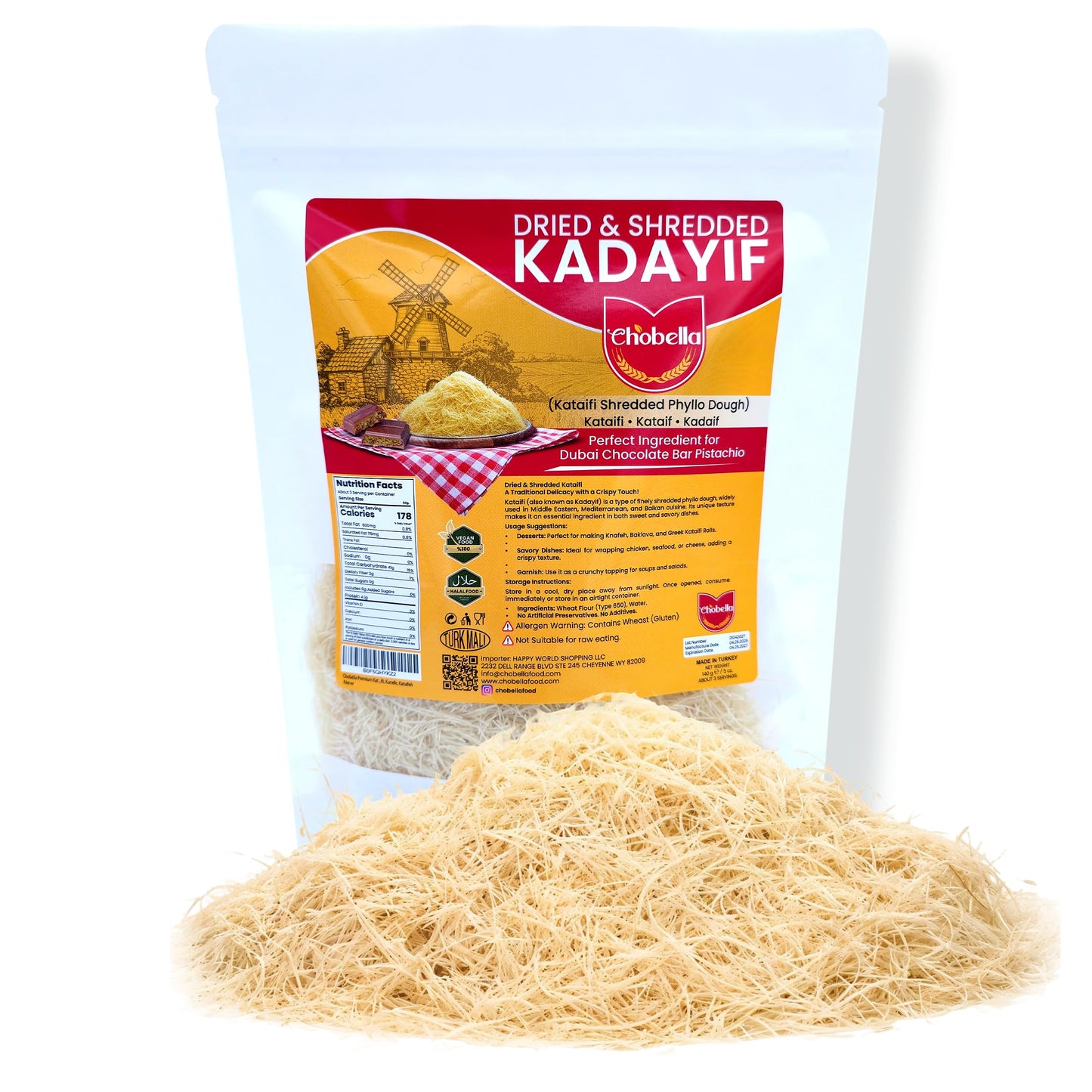 Chobella Top-Grade Dried Kataifi Shredded Fillo Dough Kurutulmus Kadayif Pastry Dough Ingredient For Dubai Chocolate Bar Pistachio Knafeh Katafi Katifi Kunafa Shredded Phyllo 140G (5 Oz)