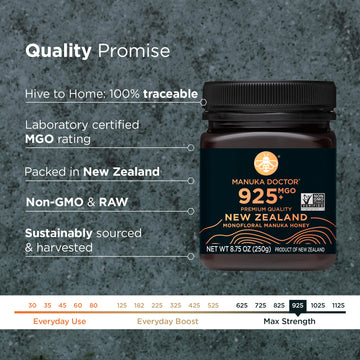 MANUKA DOCTOR MGO 925+ Manuka Honey, 100% Pure New Zealand, RAW, Non-GMO, 8.75 oz - Certified Monofloral Honey
