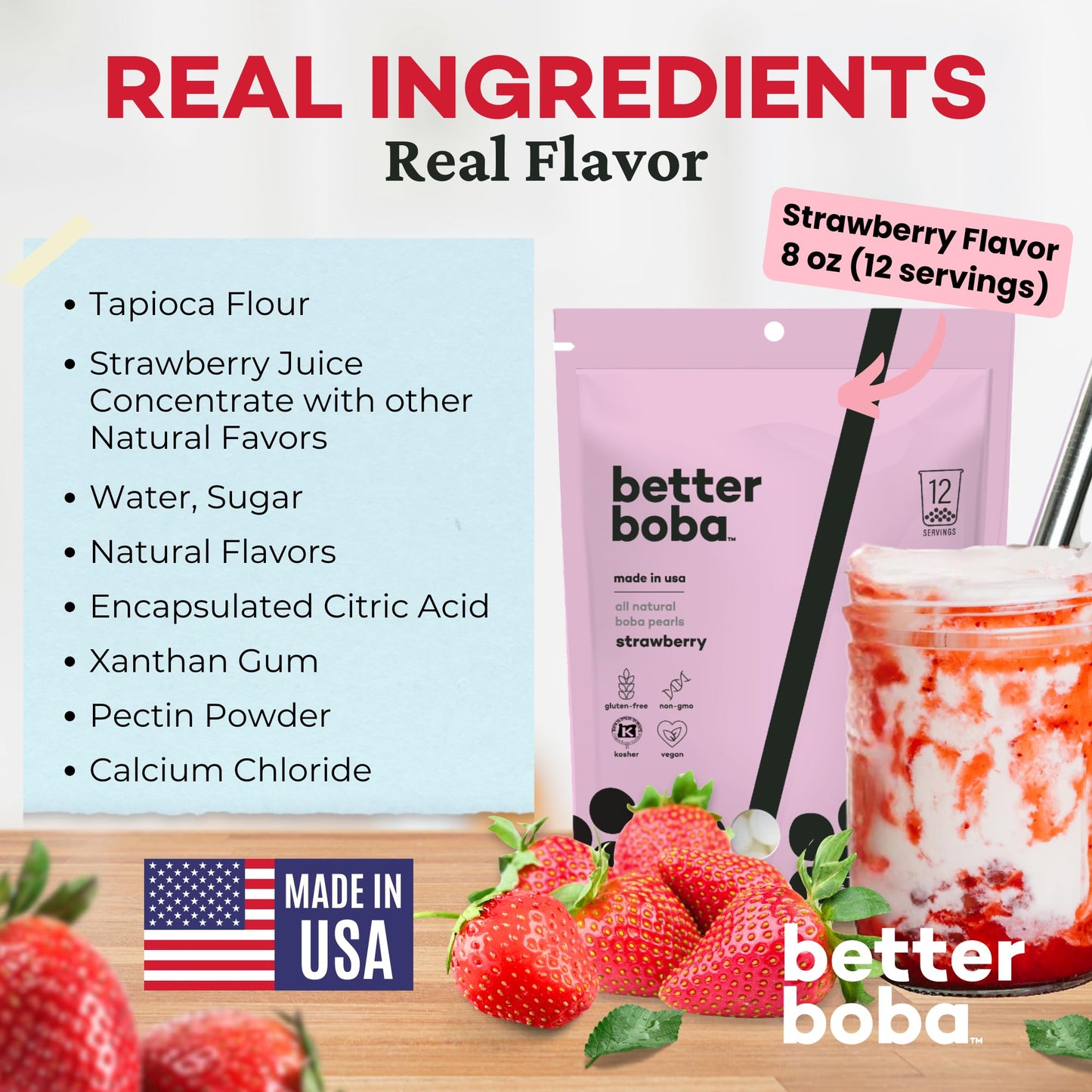 Better Boba All-Natural Strawberry Boba Pearls | Vegan, Gluten-Free, Non-Gmo, Kosher Boba For Bubble Tea, Desserts | 8 Oz Pack (