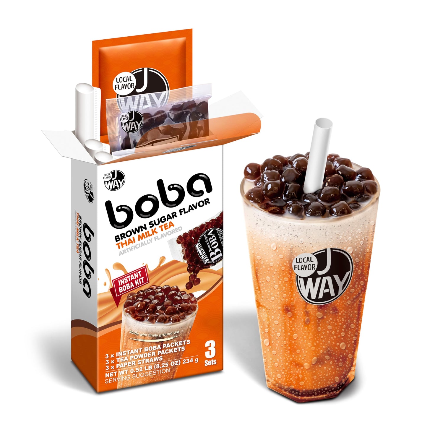 J WAY Instant Thai Milk Tea Kit with Authentic Brown Sugar Tapioca Boba, Ready in Under One Minute, Paper Straws Included - 3 Se
