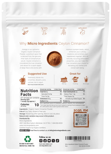 Micro Ingredients Organic Ceylon Cinnamon Powder, 1lb | Premium Sri Lanka Cinnamon for Spice & Seasoning | Great for Baking, Coo
