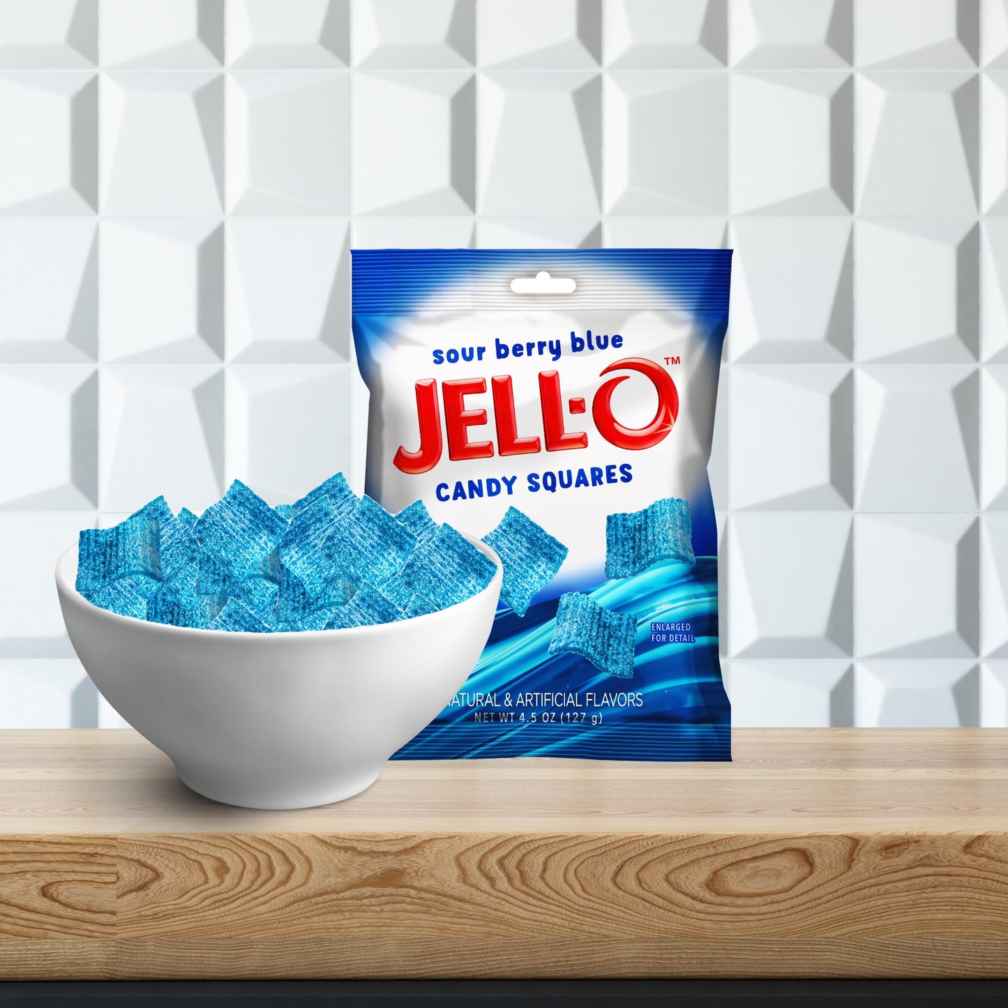 Needzo Jell-O Sour Gummy Candy Squares, Berry Blue Sugar Coated Sweet Snack, Party Favors, 4.5 Ounce Bags Pack Of 2