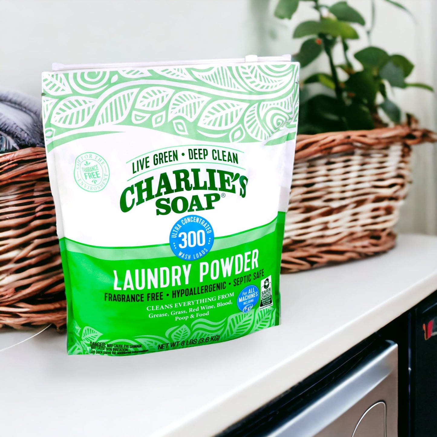 Charlies Soap Hypoallergenic Laundry Detergent Powder 8Lb Bag, Pack Of 4 (1200 Loads Total) Fragrance Free Plant Based Deep Clea
