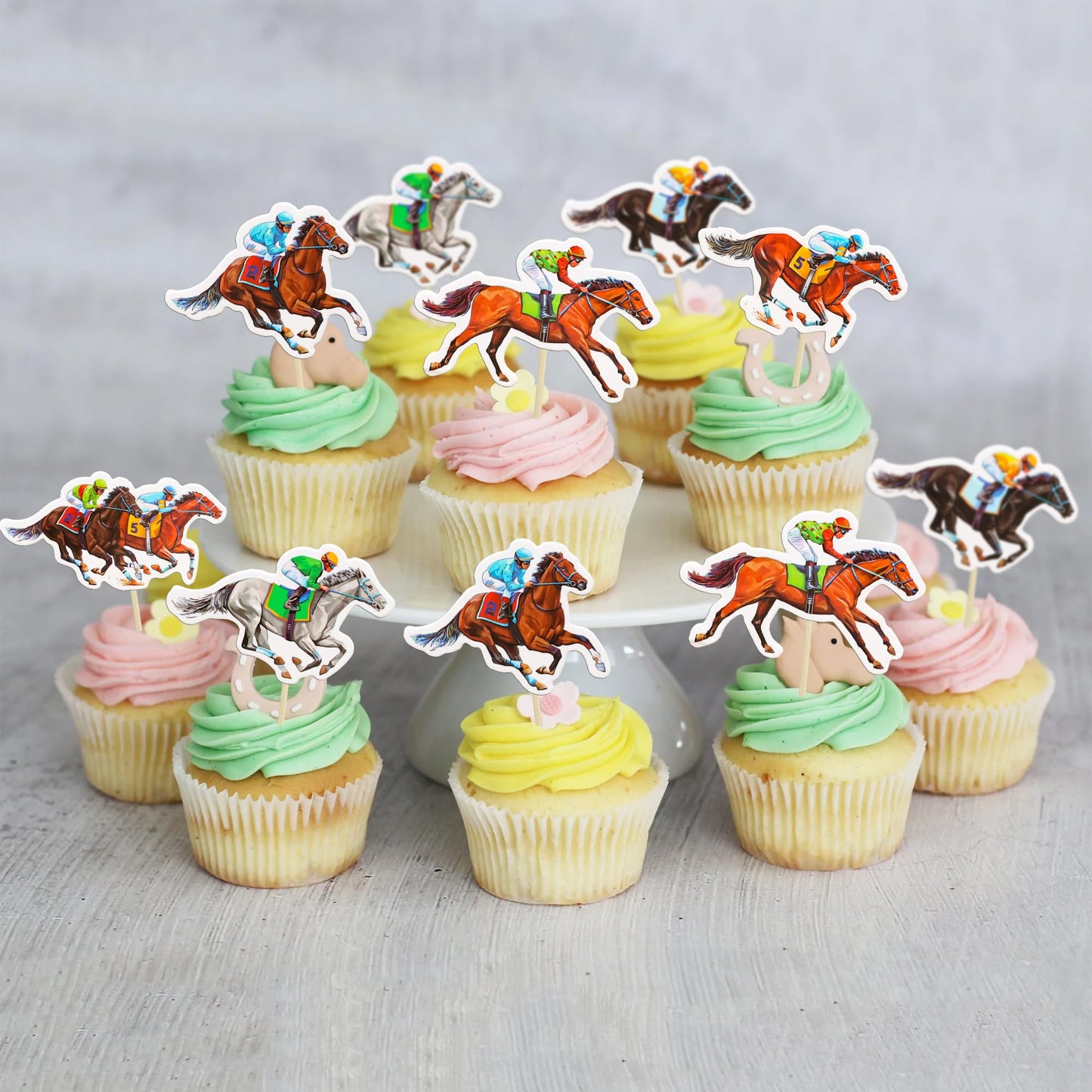 Ephlyn Horse Racing Cupcake Toppers, 36Pcs, Brown/White/Pink/Red, 2.4W x 3.9H, Kentucky Derby Party Supplies