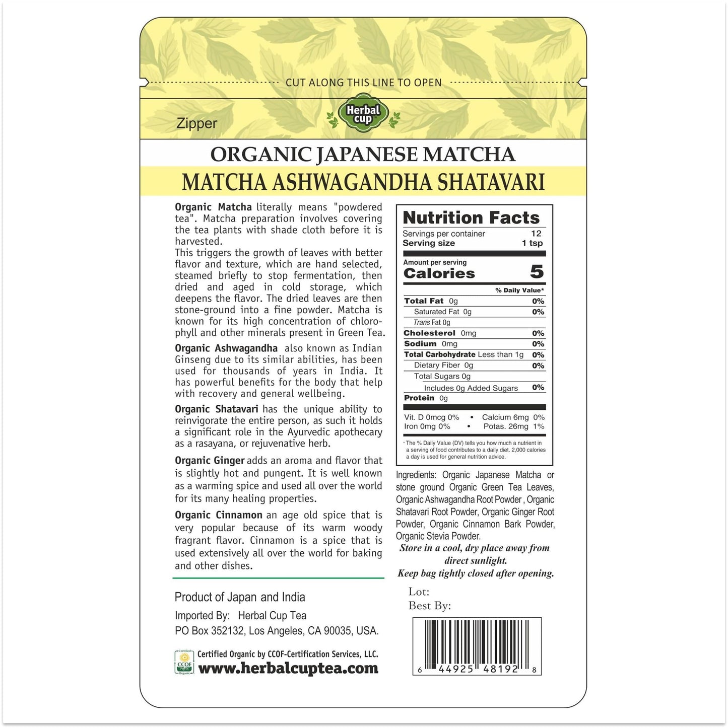 Herbal Cup Tea Organic Japanese Matcha (Matcha Ashwagandha Shatavari, 2 Ounce (Pack Of 1))