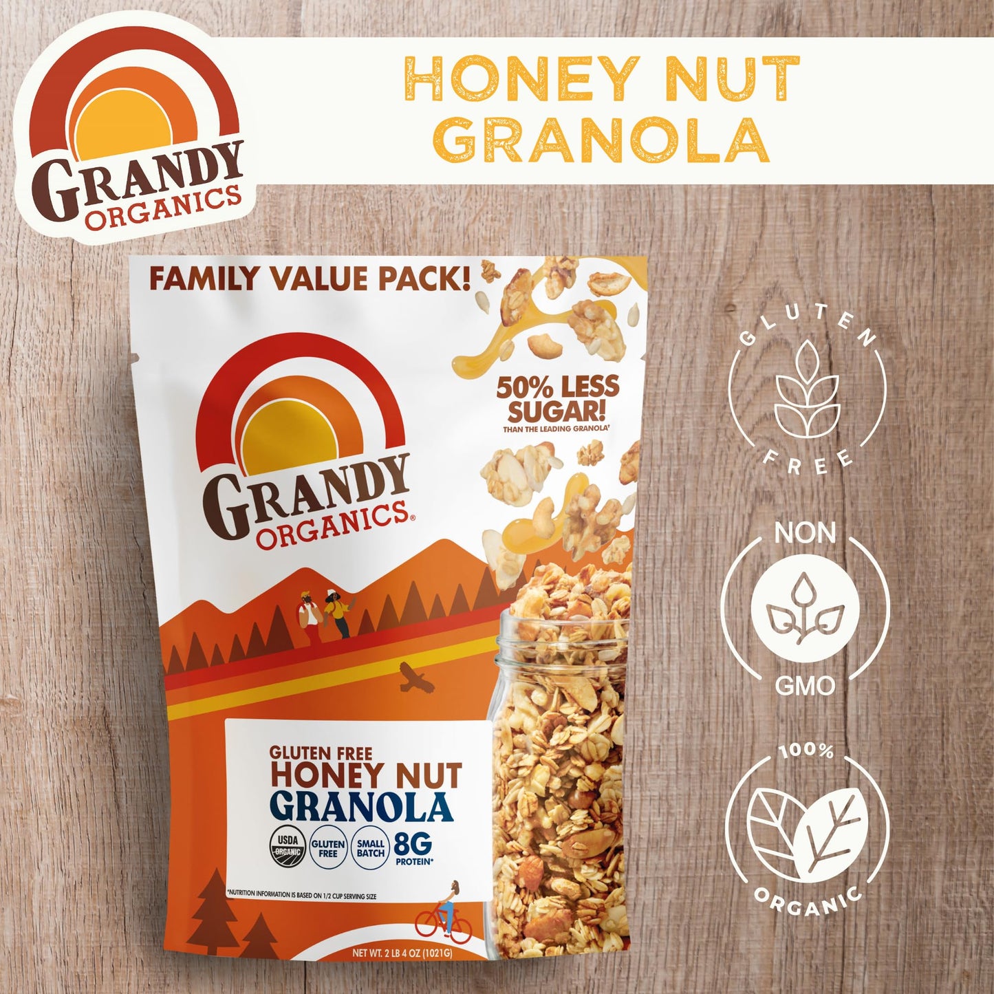 Grandy Organics Honey Nut Gluten Free Granola, Certified Organic, Non-GMO, 2 Pound Bulk Pack (16 Ounce Bags)
