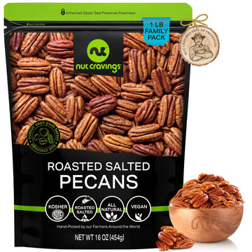 NUT CRAVINGS - Pecans Halves, Roasted & Salted, No Shell (16oz - 1 LB) Bulk Nuts Packed Fresh in Resealable Bag - Healthy Protei