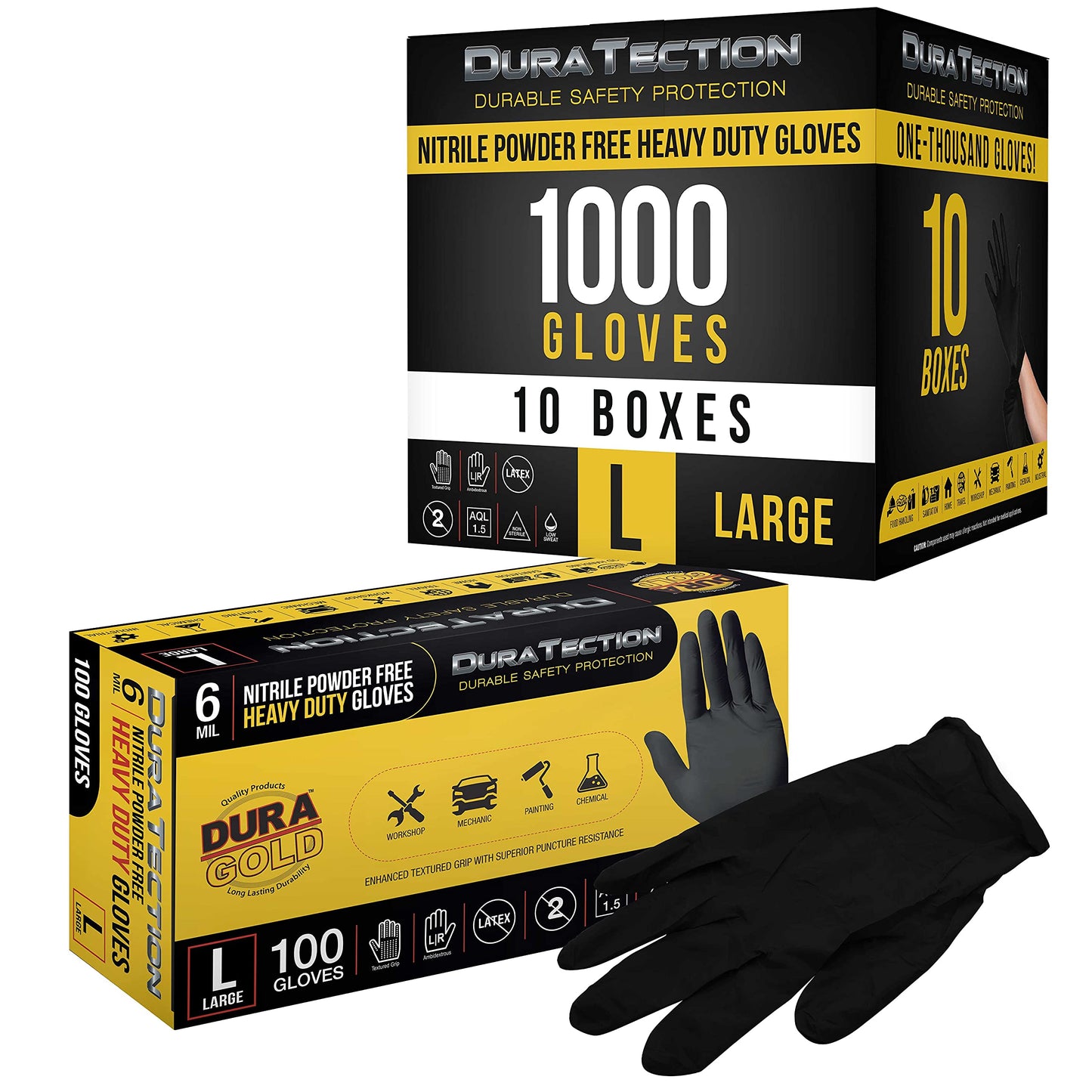Dura-Gold Hd Black Nitrile Disposable Gloves, 10 Boxes Of 100, Size Xx-Large, 6 Mil - Latex Free, Powder Free, Textured Grip