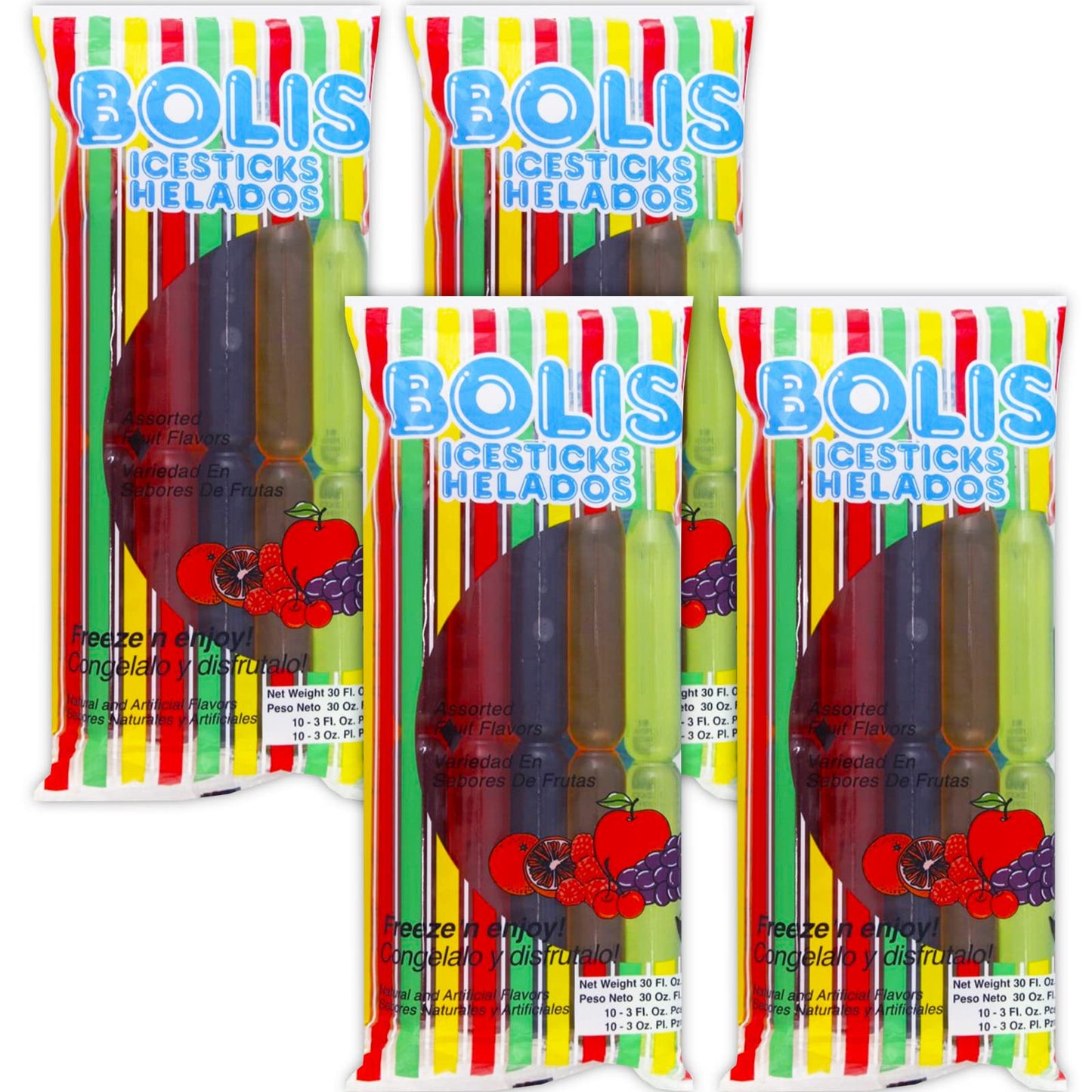 Bolis Freezer Pops - 4 Packs Of Frozen Ice Pops In Assorted Fruit Flavors (32 Freezer Popsicles)