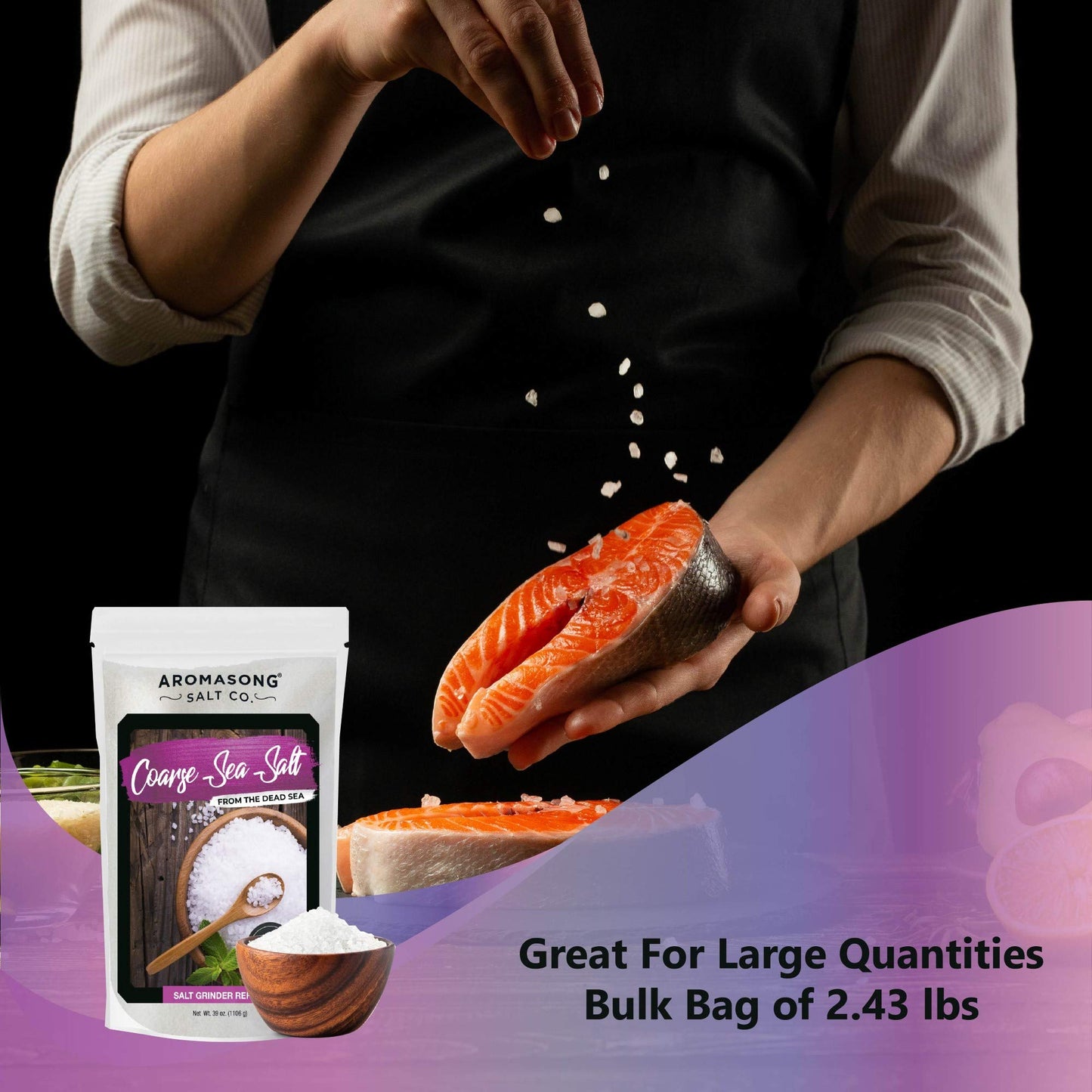 Aromasong Organic Coarse Sea Salt & Black Peppercorn Grinder Combo Set, 2.43 LB Sea Salt & 12 OZ Grinder - Resealable Bag for Cooking & Baking