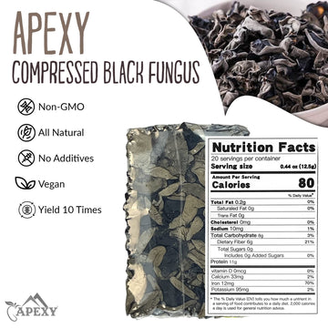 Apexy Enhanced Dried All Natural Compressed Black Fungus (Black Wood Ear Mushroom) - 8.8 Oz -- 10 Times Volume Yield After Soaking (Pack Of 1)