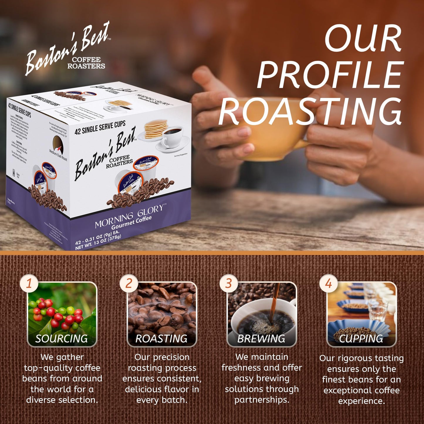 Bostons Best Morning Glory Blend Medium Dark Roast Coffee Pods, 42 Count, Compatible with Keurig malt-inspired