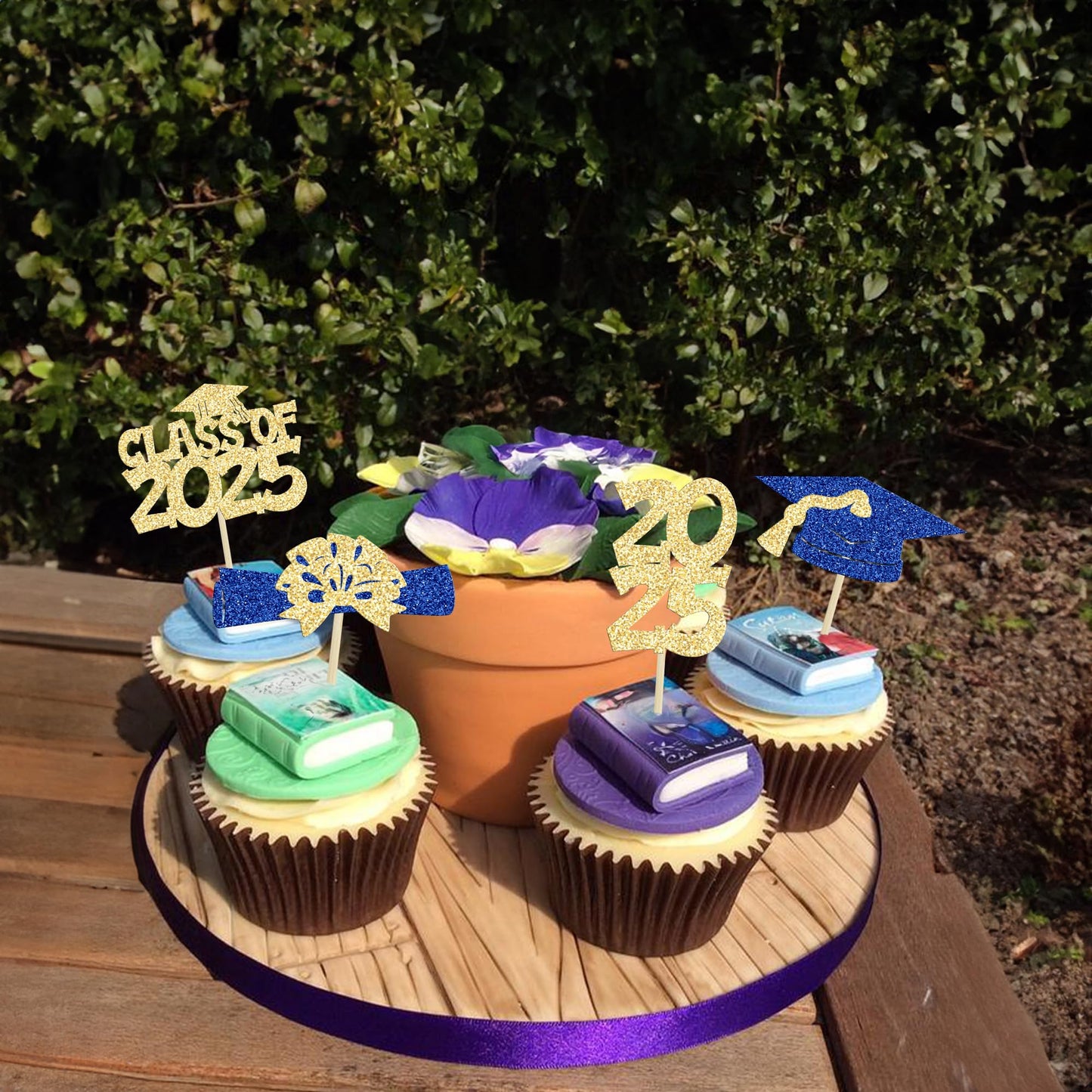 Ephlyn Graduation Cupcake Toppers 36Pcs Gold Blue Glitter Class of 2025 Diploma Cap Picks for Party Decorations