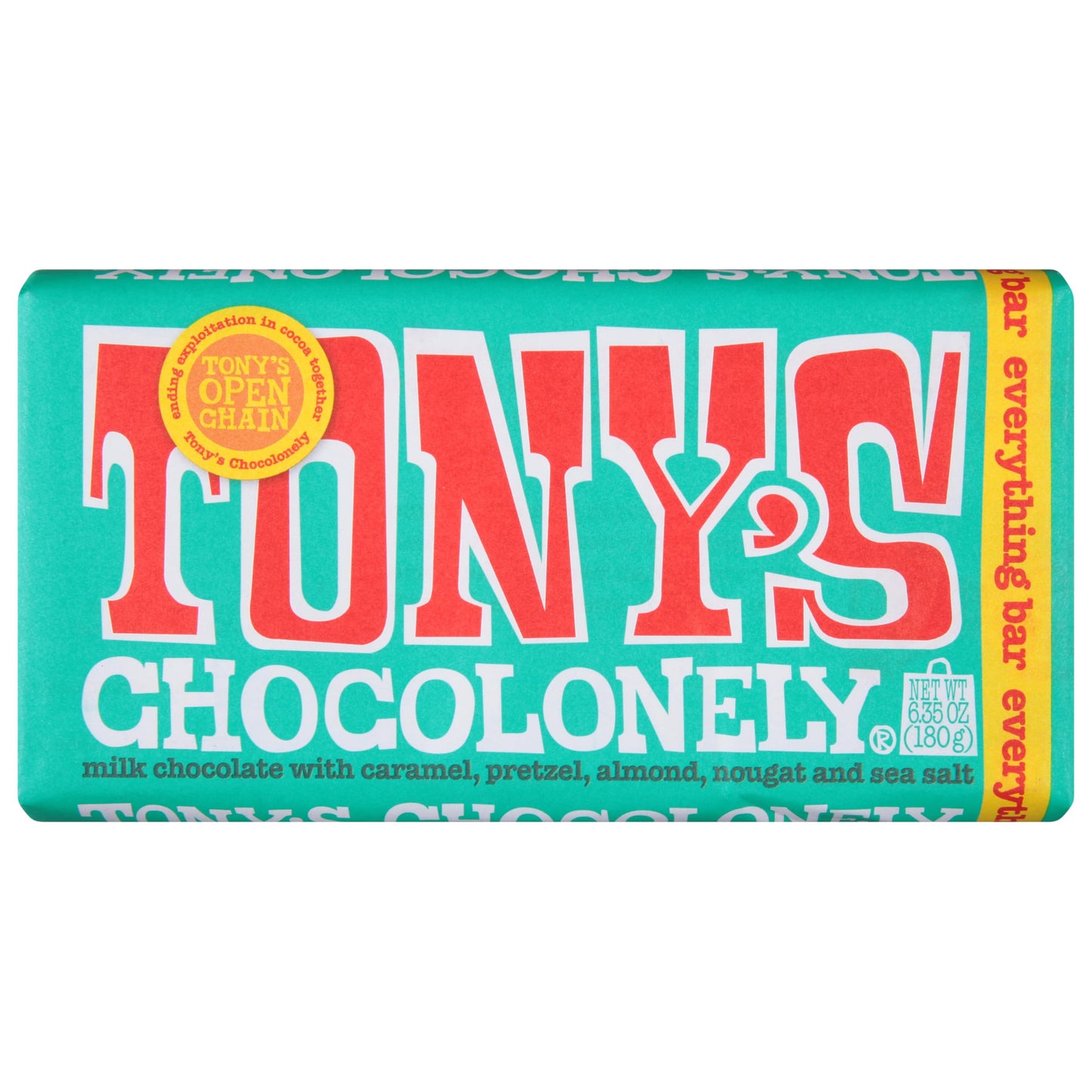Tonys Chocolonely the Everything Bar, Belgian Milk Chocolate Candy Bar With Sea Salt, Caramel, Pretzel, & Almond Nougat for Snac