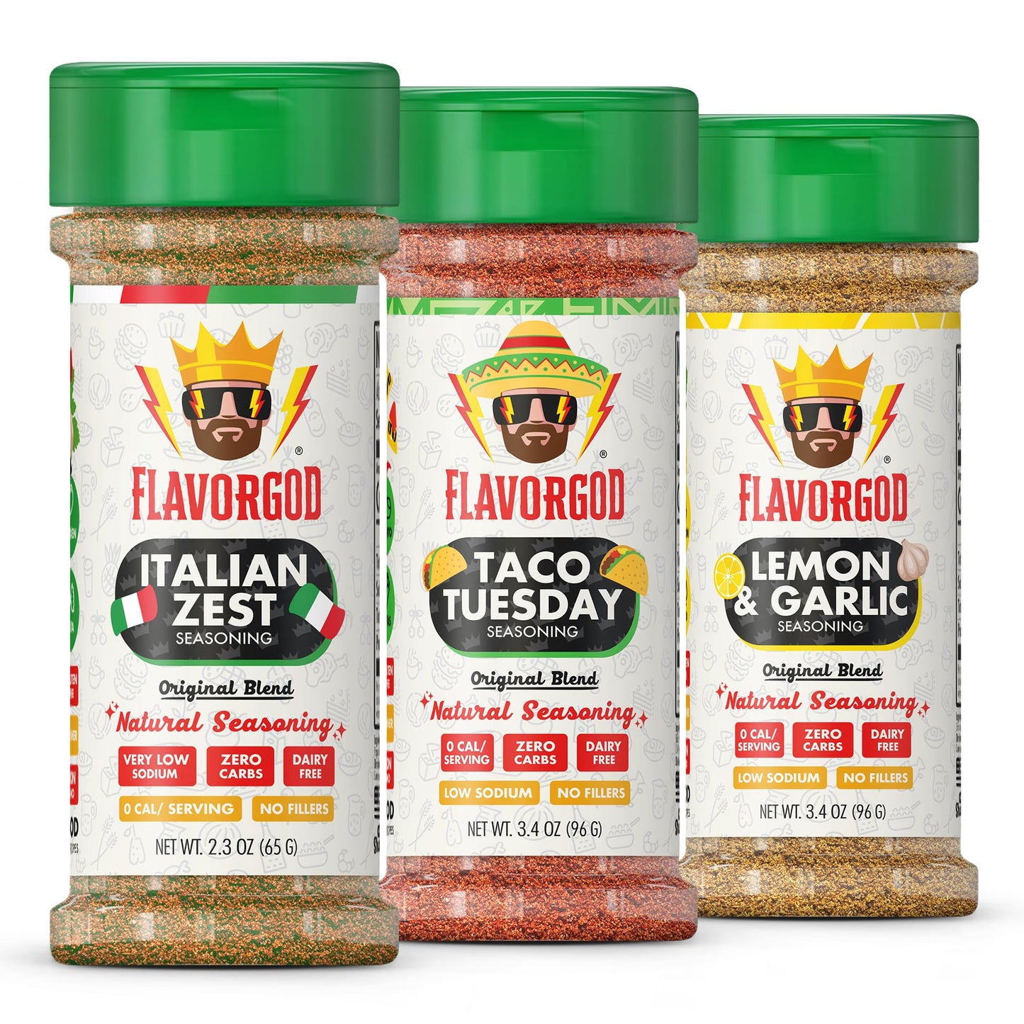 Flavor God Vegan Lovers Combo Pack - Herbs, Spices & Seasoning Gift Set, Includes Italian Zest, Taco Tuesday, Lemon & Garlic - Pack of 3