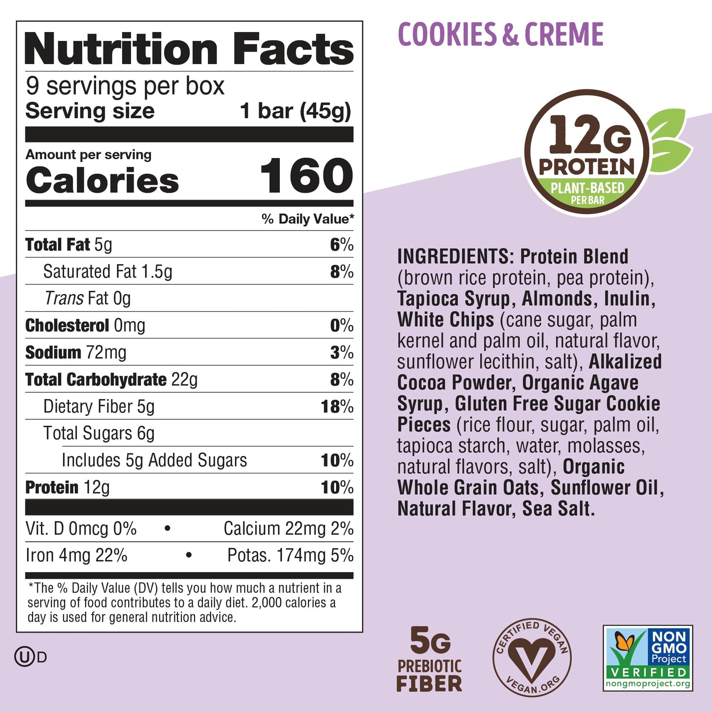 Lenny & Larry'S Cookie-Fied Protein Bar - Cookies & Creme Vegan Protein Bars 9X45G - Healthy Snacks With 12G Plant Protein & 5G