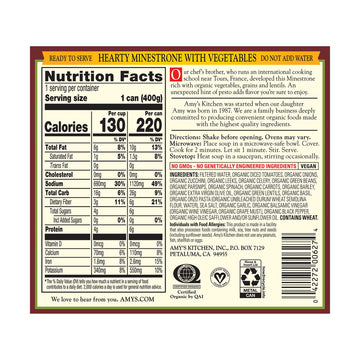 Amys Organic Hearty Minestrone with Vegetables Soup, 12.7 Ounce - 12 per case.