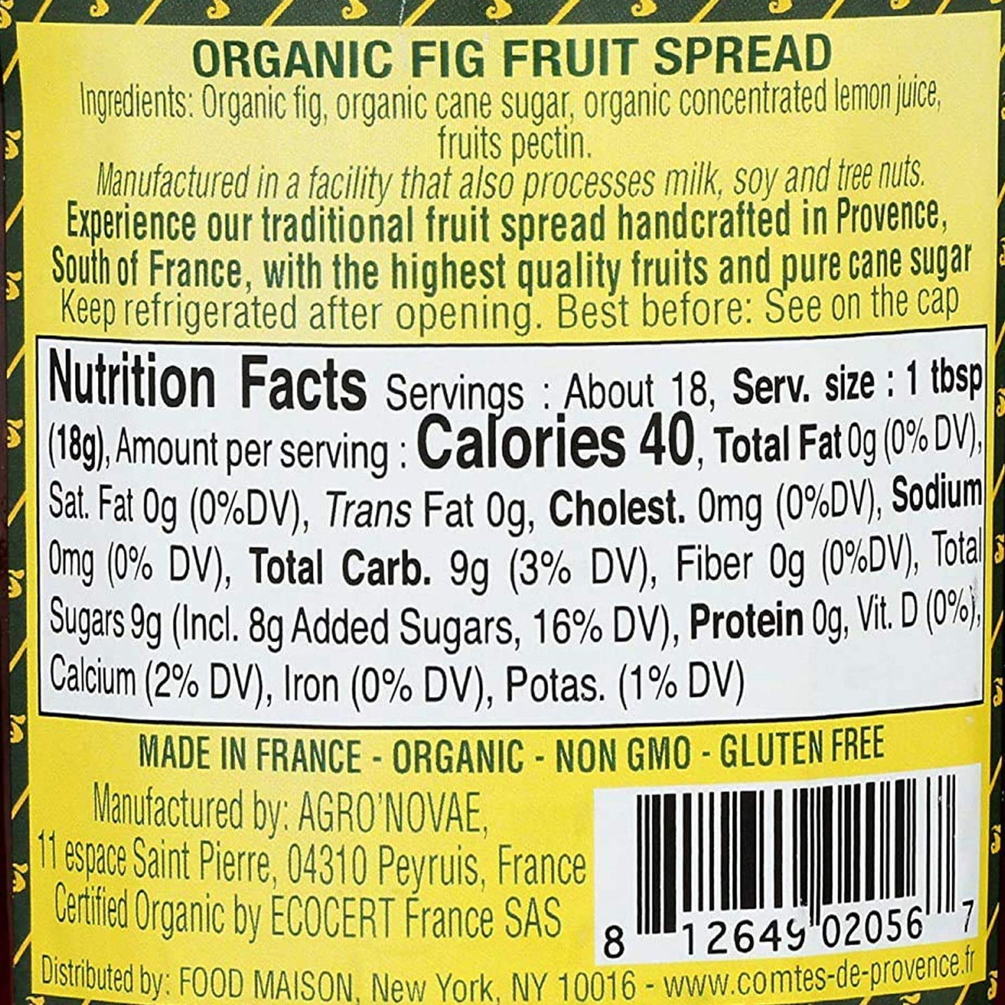 Fig Jam Spread USDA Organic Preserve - 12 oz / 340 g - Made in France Traditional Jam Non GMO Gluten Free