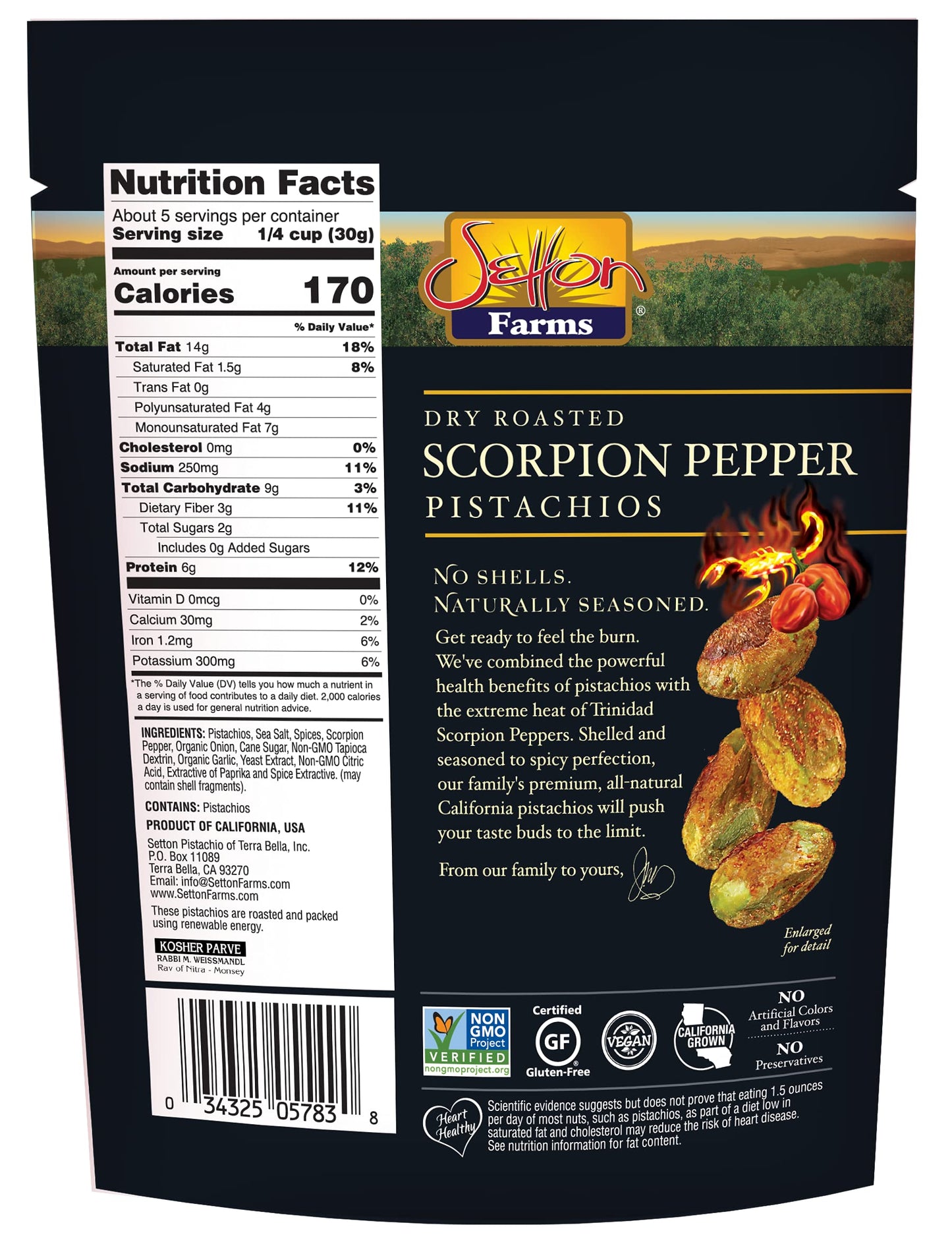 Setton Farms Pistachios, Scorpion Pepper Extreme Flavor, Naturally Seasoned, Dry Roasted No Shell, Non-GMO Project Verified, Glu