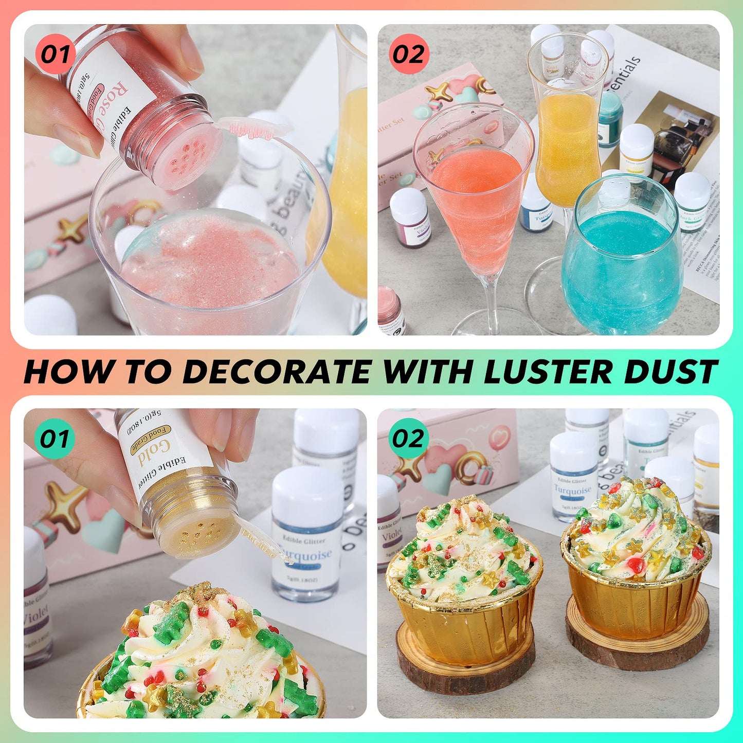 Nomeca Edible Glitter Set - 10 Colors for Drinks, Cakes, Cupcakes - 5g/bottle
