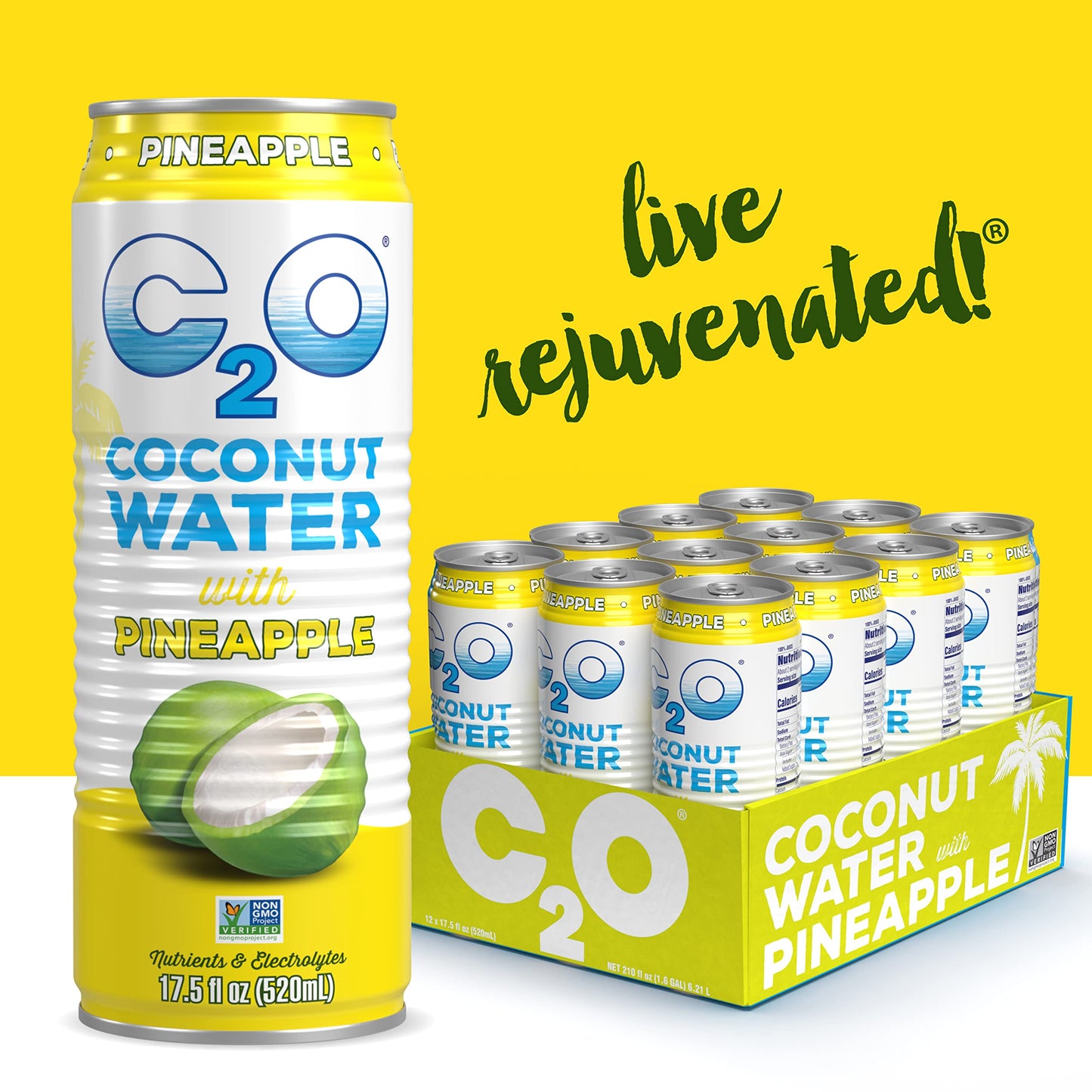 C2O - Coconut Water With Pineapple (12 Pack) - Made With Fresh Coconut Water - Plant Based - Non Gmo - Canned Water - Natural Hydration, Essential Electrolytes, & Potassium - 12 Cans, 17.5 Fl Oz