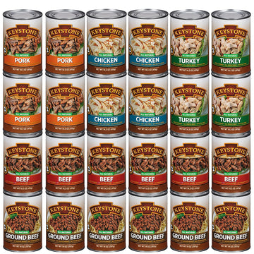 Keystone Variety Pack Canned Meat Case All Natural 14.5 Oz 6 Canned Beef | 4 Chicken | 4 Turkey | 4 Pork & 14 Oz 6 Ground Beef F