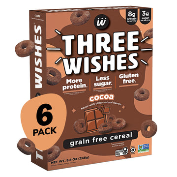 Plant-Based and Vegan Breakfast Cereal by Three Wishes - Cocoa, 6 Pack - More Protein and Less Sugar Snack - Gluten-Free, Grain-
