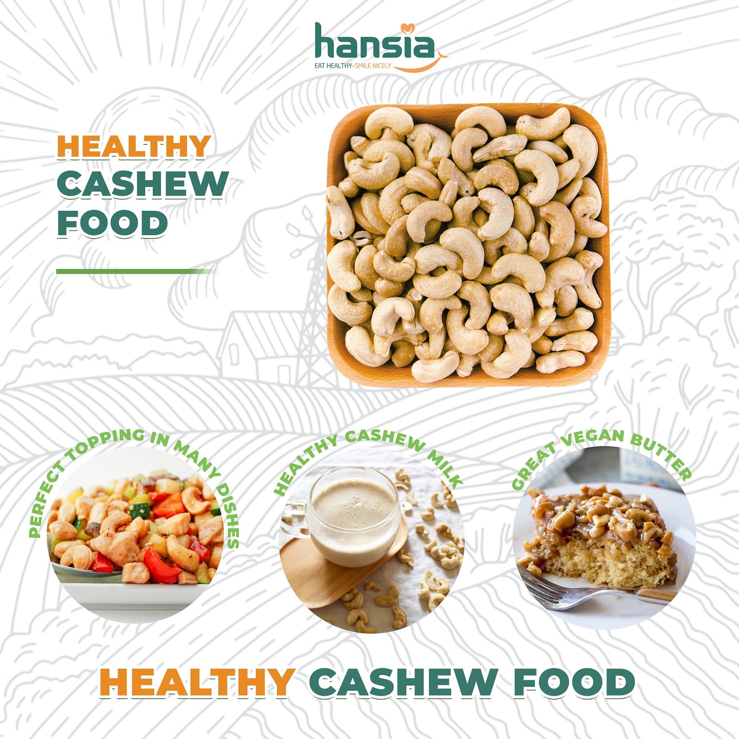 Hansia Raw Whole Cashew Kernels, Unsalted & Unroasted Cashews, Premium Quality For Snacking & Baking & Milk, Source Of Natural F