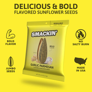 Smackin' - Jumbo Roasted Sunflower Seeds, No Salty Burn, American Made, Easy Pour & Seal - Garlic Parmesan, 4Oz Bag (12 Bags)