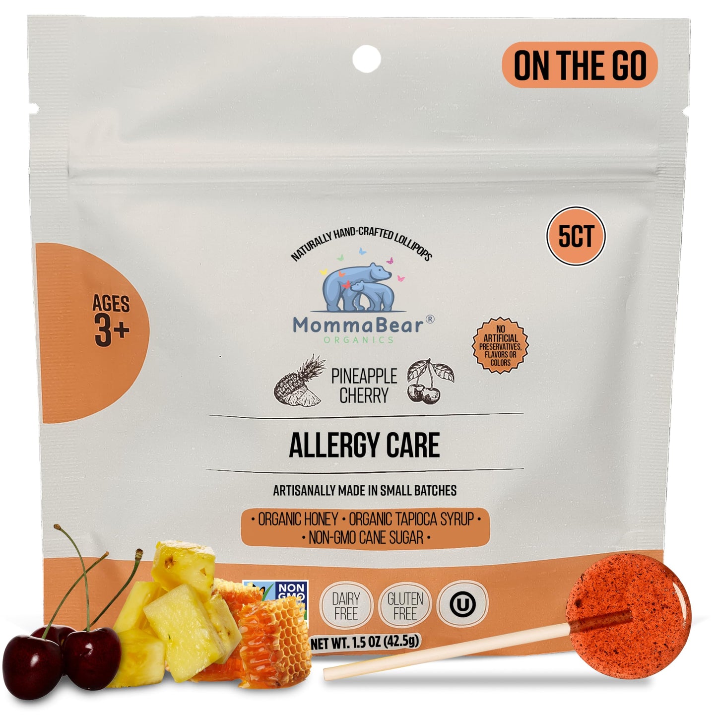 MommaBear Allergy Care Organic Lollipops - Pineapple, Tart Cherry & Honey Healthy Snacks for Kids 3+ - Allergy Soothing, Support