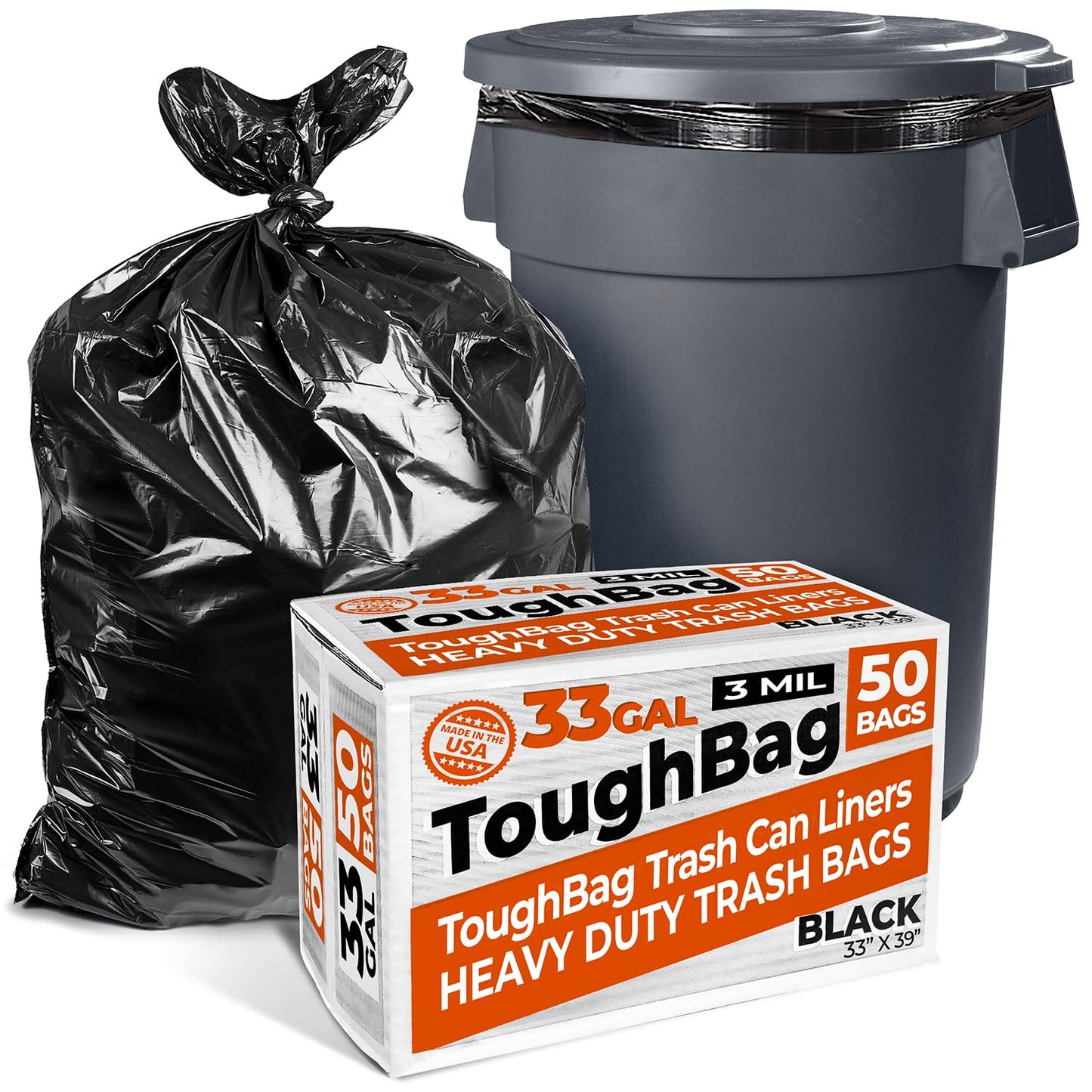 Toughbag 33 Gallon Trash Bags, 32 X 38'' Black Garbage Bags (50 Count) - Heavy Duty 3 Mil Outdoor Industrial Garbage Can Liner F