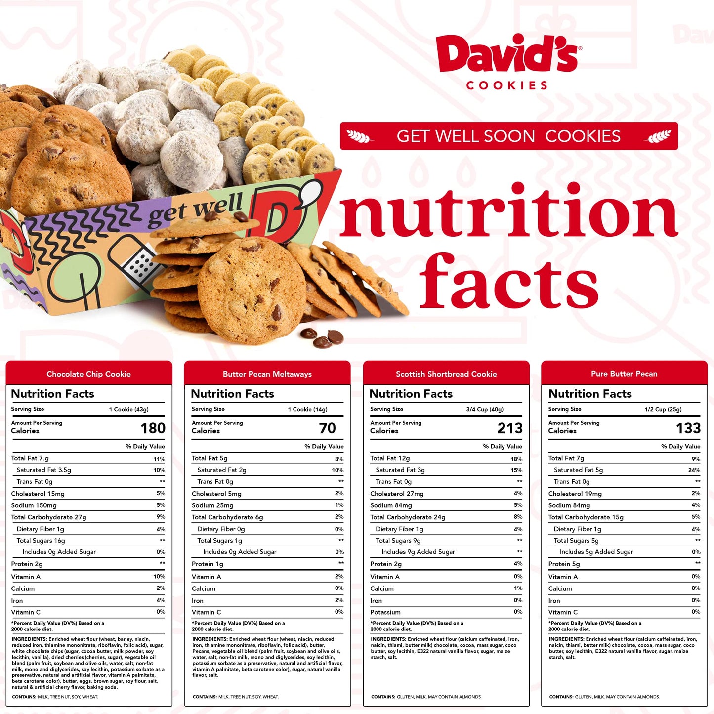 Davids Cookies Get Well Soon Cookie Gift Basket - Gourmet Thin Crispy, Butter Pecan Meltaways, and Choco Chip & Pure Butter Shor