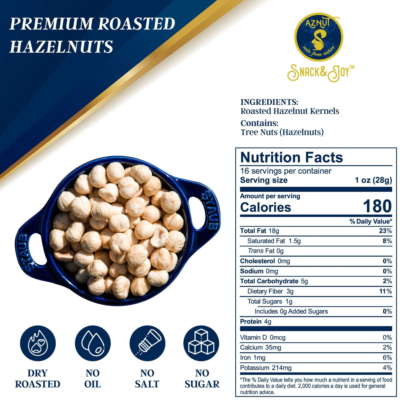 AZNUT Roasted Hazelnuts, Natural Non-GMO, Unsalted, Dry Roasted, Kosher Certified, 16 oz (1 lb)
