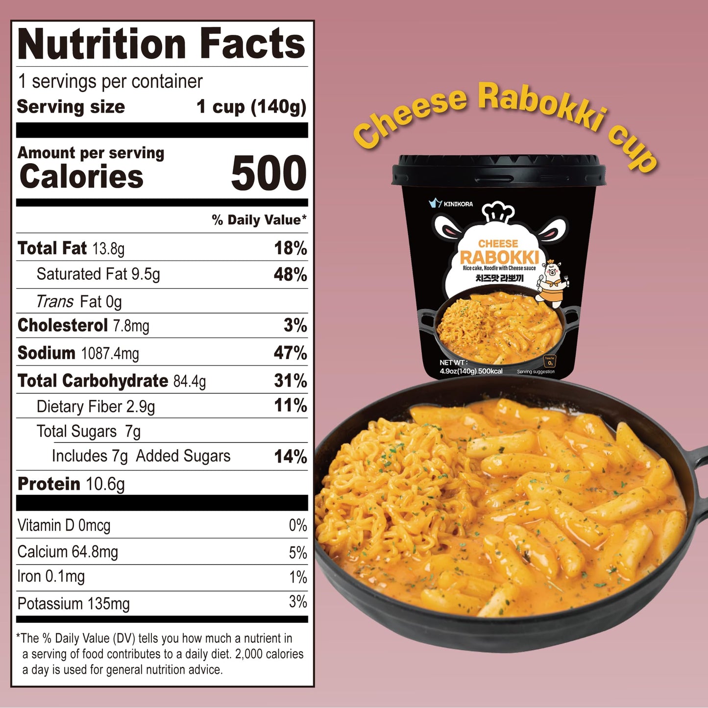 Kinikora Enhanced Instant Rabokki Cup - Cheese Flavor, 2 Cups, Korean Ramen & Tteokbokki, Quick And Easy Street Food