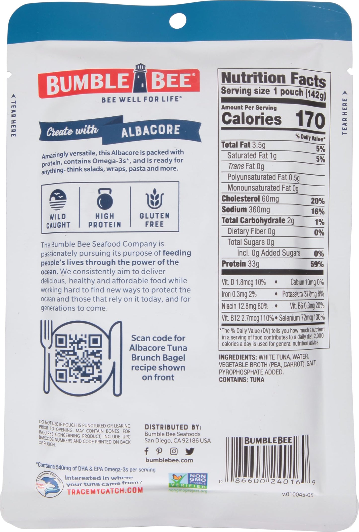 Bumble Bee Premium Albacore Tuna In Water Pouch, High Protein Food, Keto Food And Snacks, Gluten Free Food, High Protein Snacks, Canned Food, Bulk Tuna, 5 Ounce Pouches (Pack Of 12)