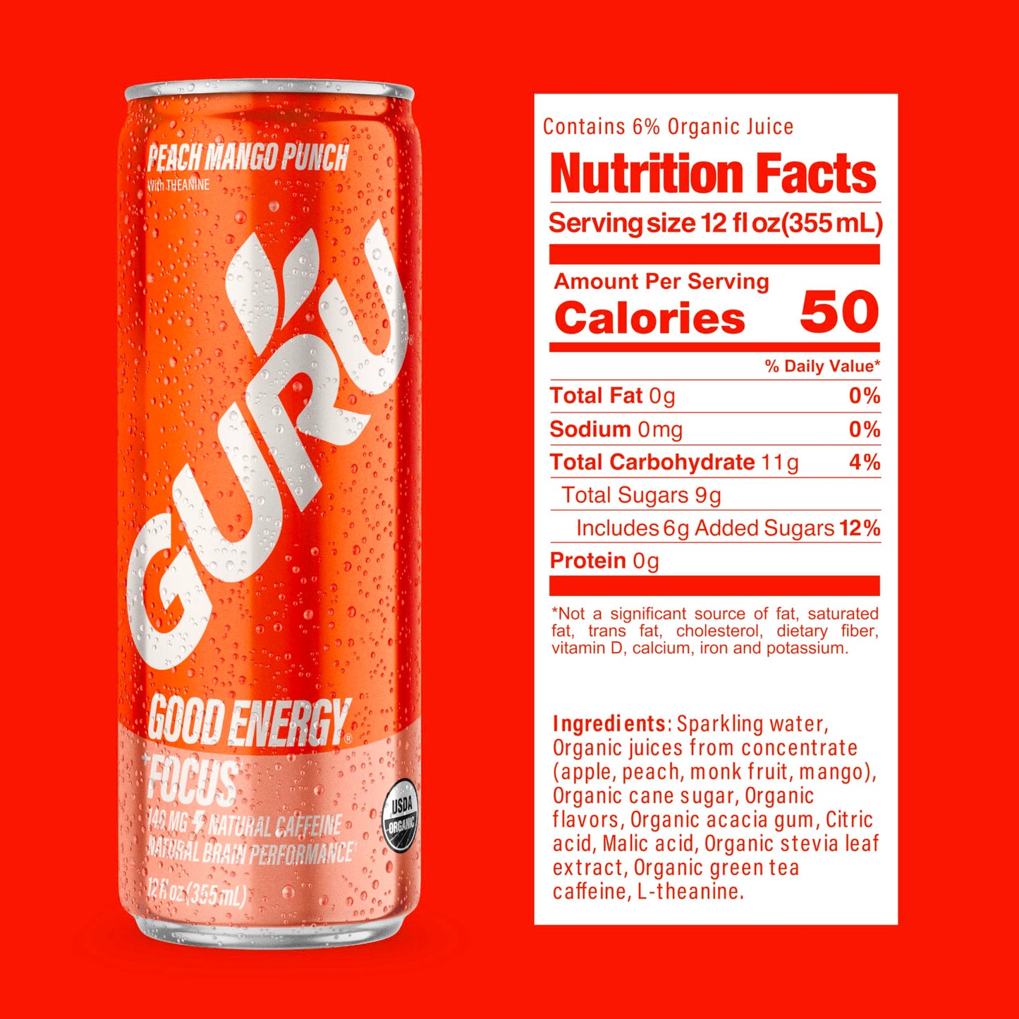 GURU Peach Mango Punch Organic Energy Drinks Clean Energy Drink with Plant Based Natural Caffeine from Green Tea + Focus with L Theanine Gluten Free and Vegan 140MG Caffeine 12oz (Pack of 24)