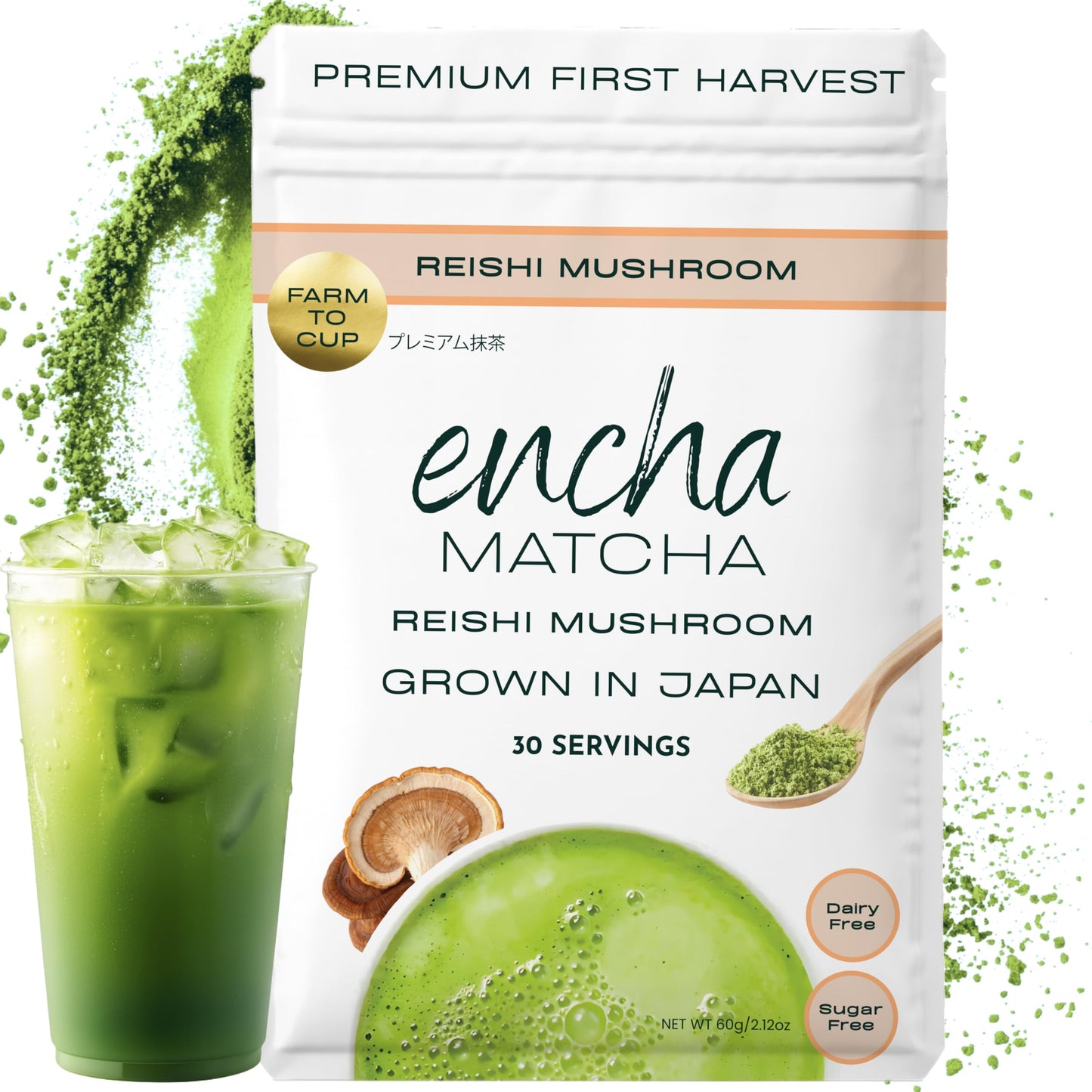 Encha Matcha Latte Powder - Reishi Mushroom Matcha Powder - First Harvest - Top-Grade Japanese Macha - 60G / 2.12Oz
