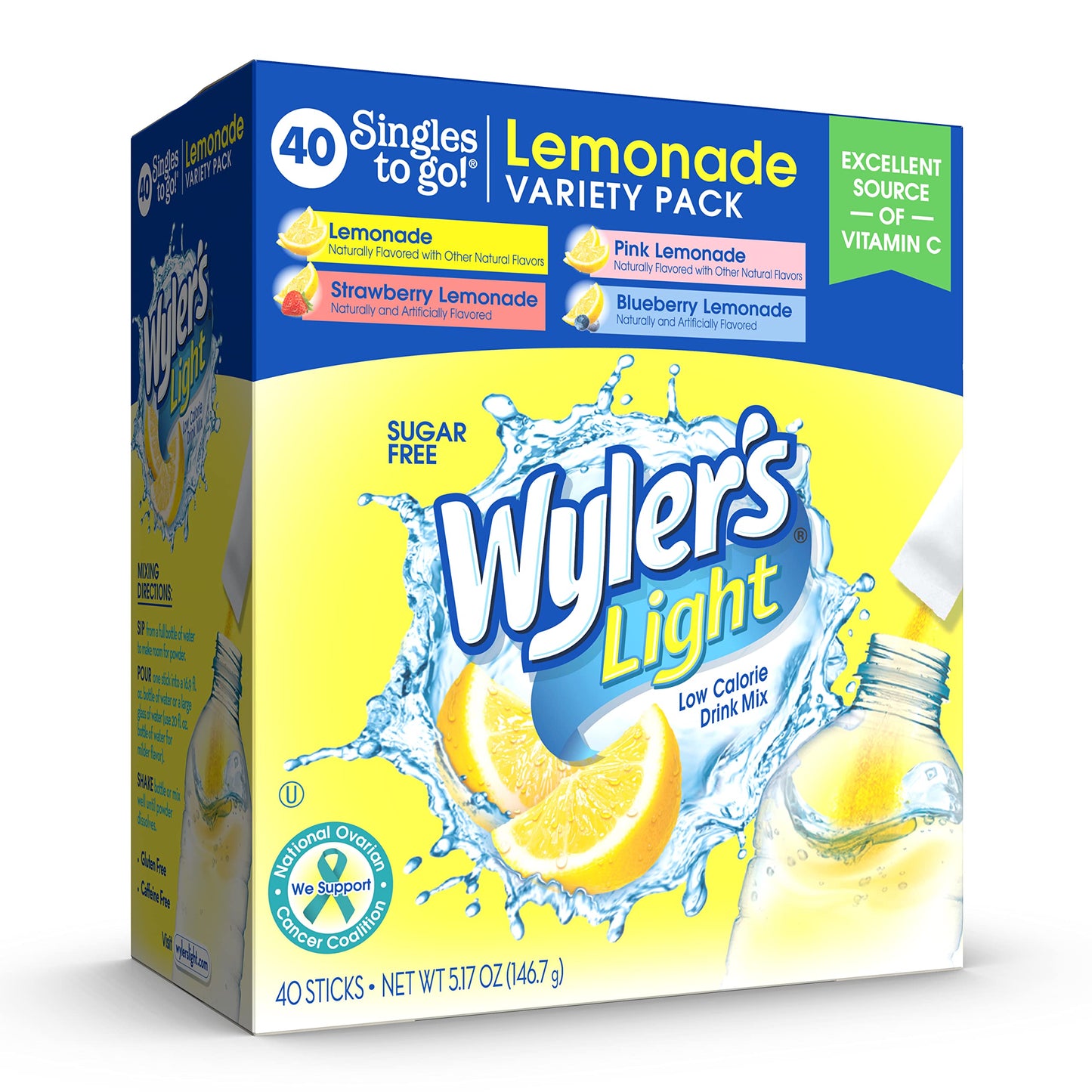 Wylers Light Singles to Go Powder Packets, Variety Pack, 40 Count, Sugar & Caffeine Free, Pink Strawberry & Blueberry Lemonade
