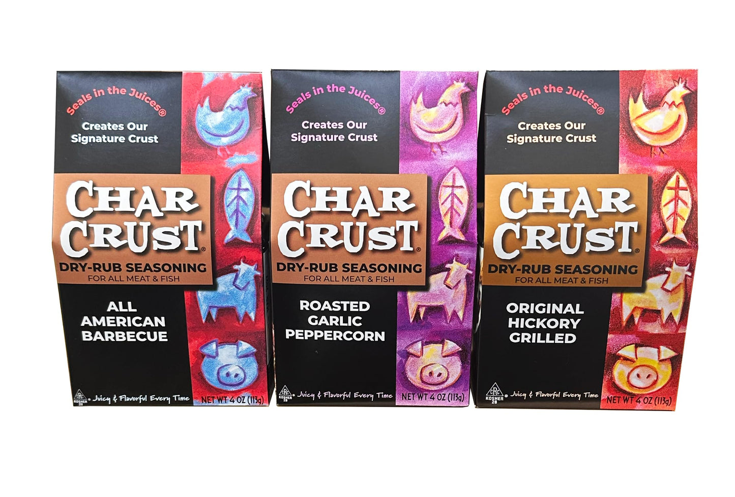 Char Crust Dry-Rub Seasoning Grilling Gift Set | All American Bbq Roasted Garlic Peppercorn Oriflavor Blendal Hickory Grilled | Bbq Rubs For Steak Chicken Burgers Fish 4 Oz Each (Pack Of 3)