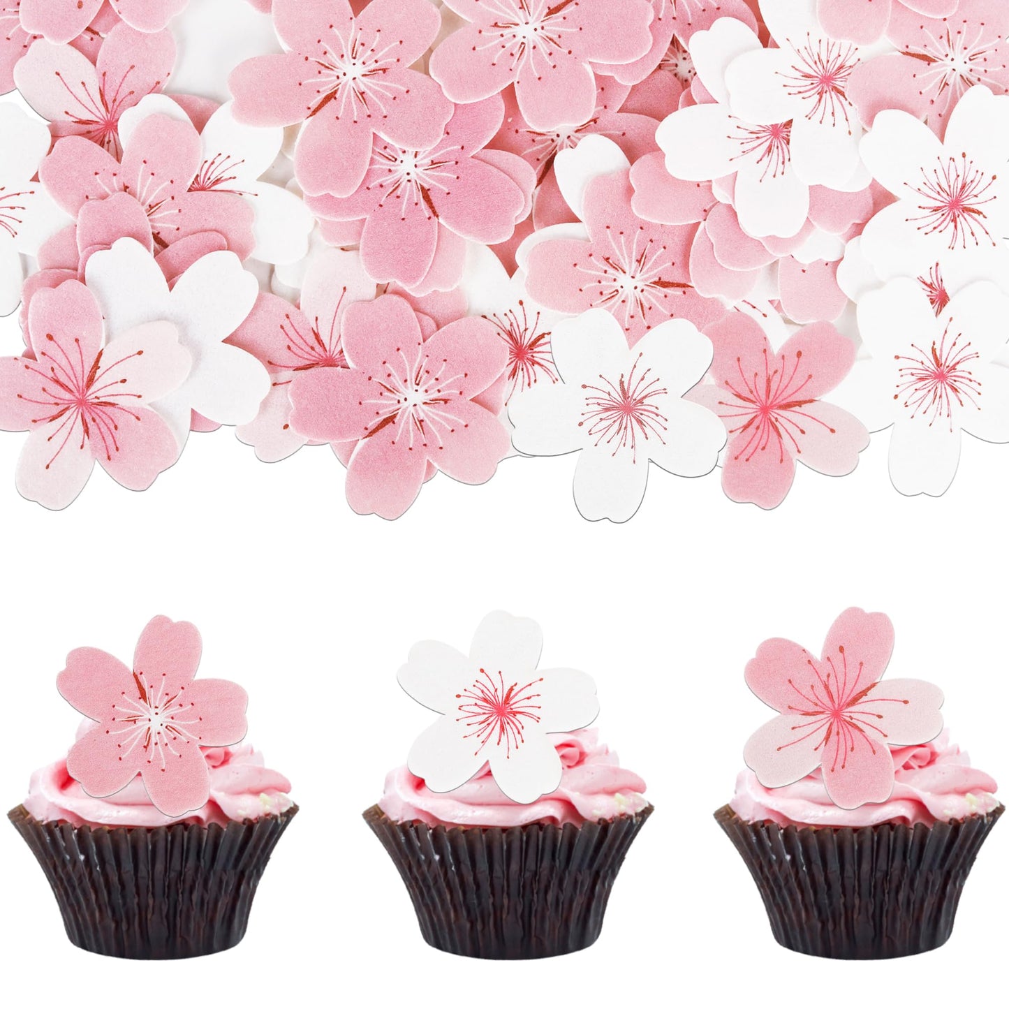 60 PCS Edible Flowers Cake Decorations Pink Edible Cherry Blossoms Flowers Cupcake Toppers Wafer Paper Flowers Cupcake Picks for