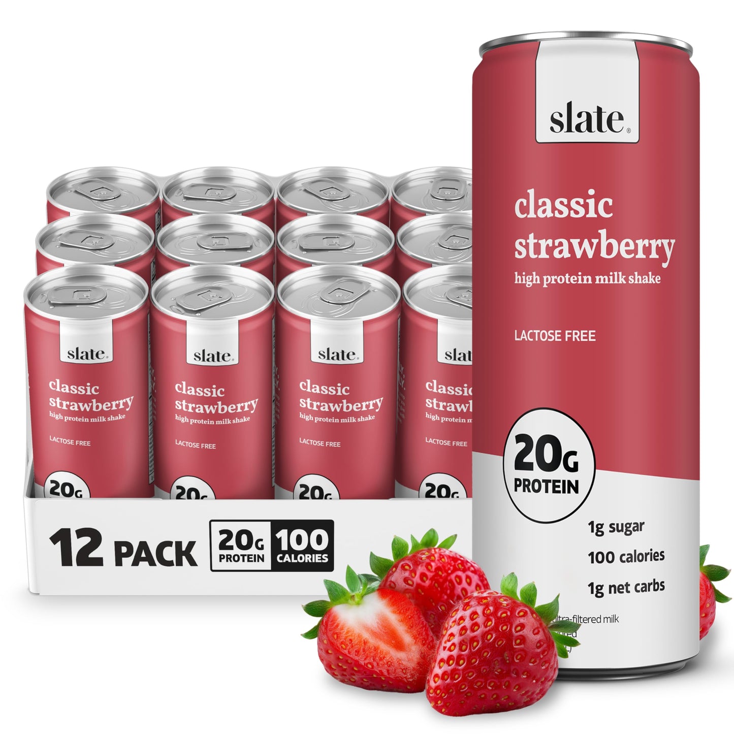 Slate Milk - High Protein Milk Shake - Classic Strawberry - Lactose Free 20G Protein 1G Sugar 100 Calories 1G Net Carbs No Added Sugar - Natural Breakfast Boost Post Workout - 11 Fl Oz 12 Cans