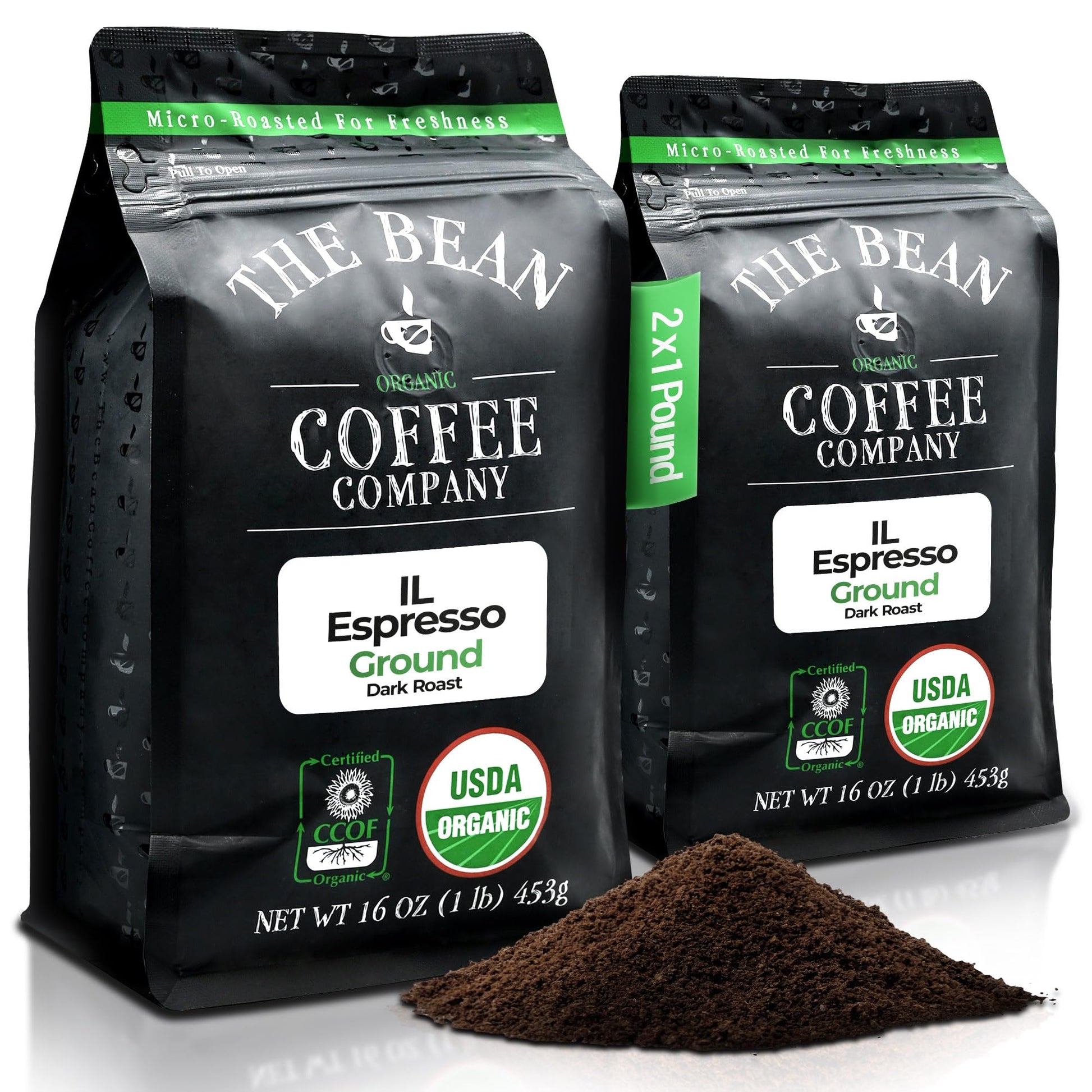 The Bean Organic Coffee Company Il Espresso, Classic Dark Roast, Ground Coffee, 16-Ounce Bags (Pack Of 2), Café Molido Tostado Orgánico