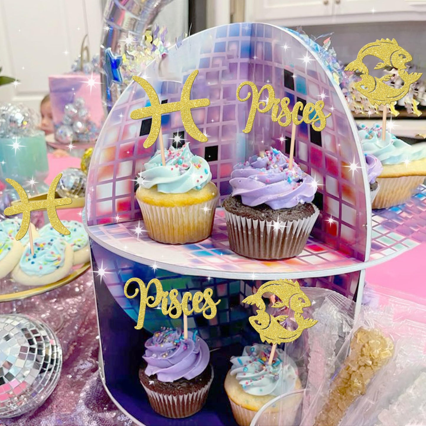ZHUOWEISM 24 PCS Pisces Cupcake Toppers Glitter Gold Constellation Picks for Birthday Cake Decoration