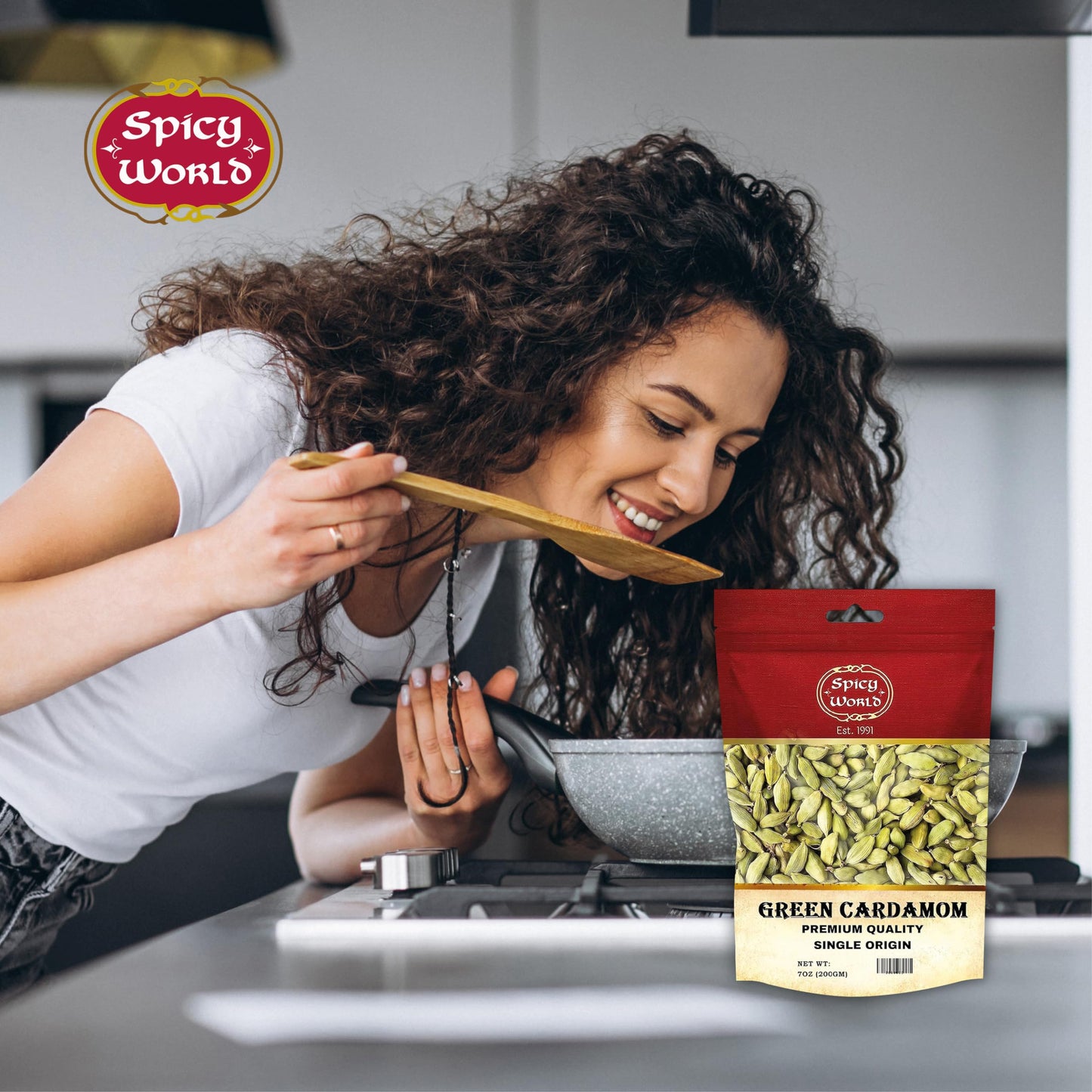 Spicy World Whole Green Cardamom Pods 7 Oz Large Bag (200G) - Natural Spice, Vegan, Large, Aromatic - By Spicy World