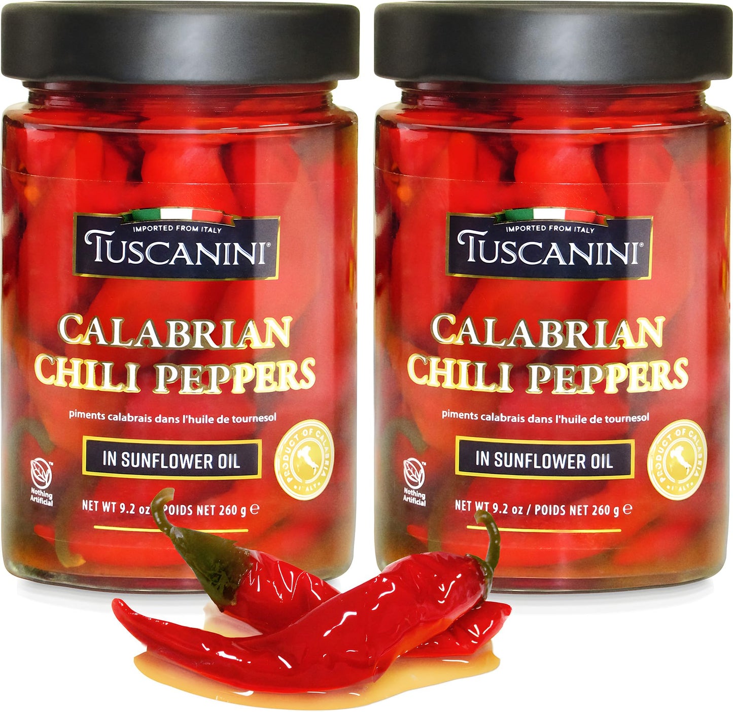 Tuscanini Italian Whole Calabrian Chili Peppers In Oil 9.2Oz (2 Pack) | Beautifully Red And Long Peppers | Nothing Artificial | Product Of Italy | Kosher