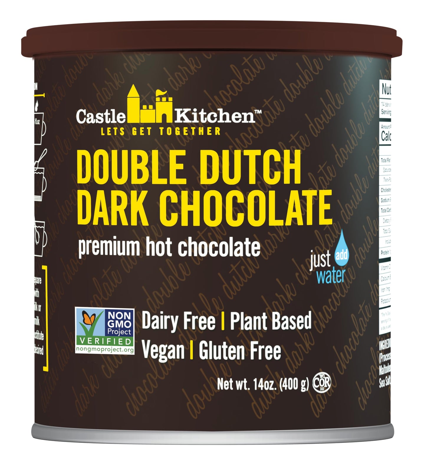 Castle Kitchen Double Dutch Dark Chocolate Premium Hot Cocoa Mix - Dairy-Free, Vegan, Plant Based, Gluten-Free, Non-Gmo Project Verified, Kosher - Just Add Water - 14 Oz