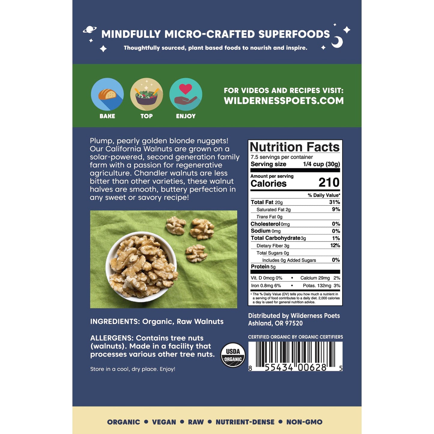 Wilderness Poets California Walnuts - Organic, Raw, Chandler Heirloom Variety - Golden, Blonde Halves - (8 Ounce - 227G)