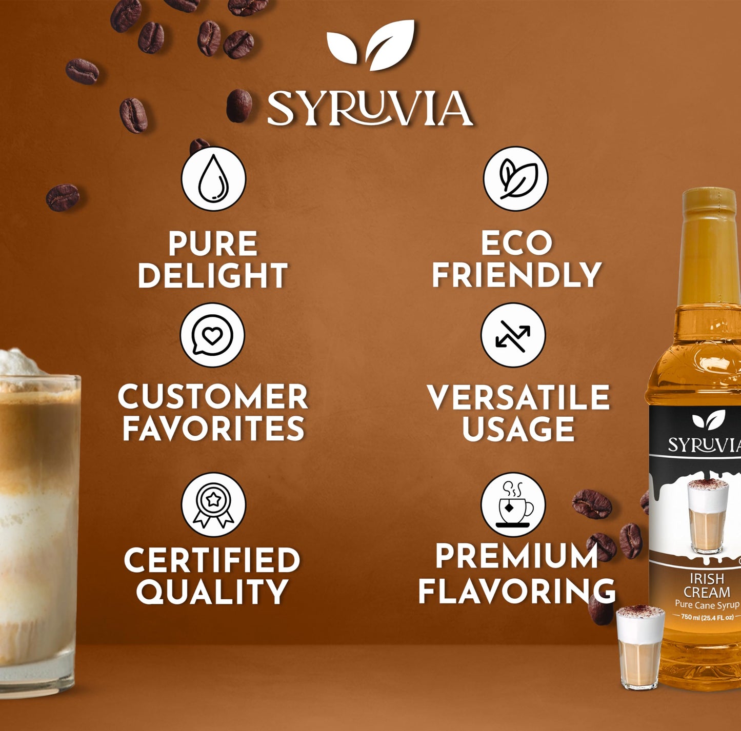 Syruvia Irish Cream Syrup - Irish Cream Coffee Syrup Flavor, 25.4 Fl Oz, Kosher, Gluten Free, Perfect For Coffee, Drinks, Soda,